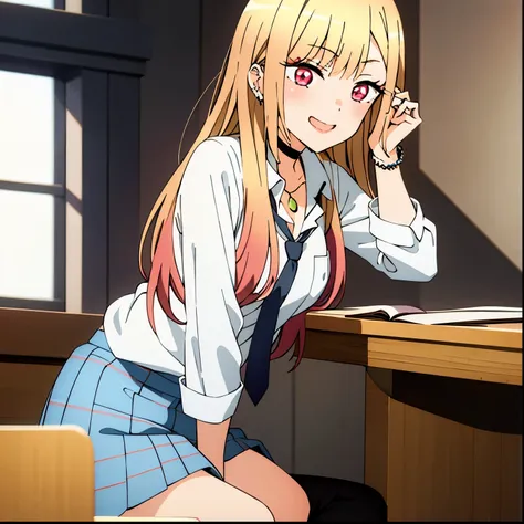 1girl, alone,Marin Kitagawa,Masterpiece, Best Quality, High Resolutions, Kitagawa Marin, 1girl, alone, blonde hair, Long hair, hair with pink tips, red eyes, jewelry, necklace around the neck, choker, , white collared shirt, shirt long sleeve, dark blue ti...