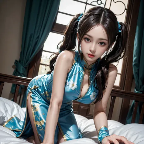 (1 Girl Solo, 1 Sexy Woman, Brown Hair, Twintails, flower pattern Cheongsam:1.4), (leaning forward:1.3), (hands on knees, On Bed:1.3), Earrings, ((Brown Eyes, Beatiful Eyes, Detailed Eyes, Breasts, thigh, textured skin, Beautiful skin,)), Smile, ((Anatomic...