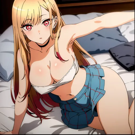 1girl,alone,marin kitagawa (masterpiece, best quality), Marin Kitagawa, beautiful girl, blonde hair, choker, ear piercing, earrings, long hair, pink tips, piercing, (red eyes: 1.5), hair straight, swept bangs, adult, bed, white top strapless, cleavage, blu...