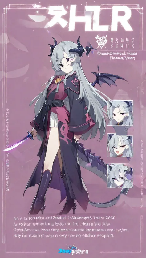 One Girl,Female Leader of an Evil Organization,Long Hair,Grey Hair,Magical Girl&#39;s Nemesis,high school student,Concept Art,Long coat,whole body,Are standing,cool,There are wounds around the eyes,knife,Simple background gray,鞘に納めてるknifeを手にもっている,dragon co...