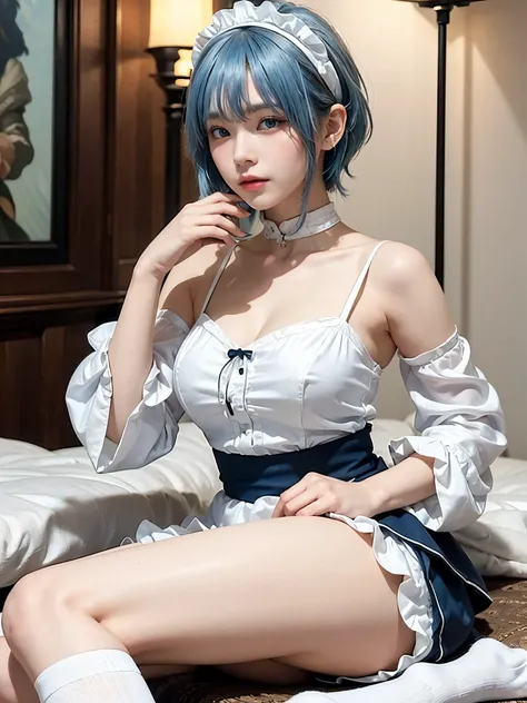 (1 Girl, English Maid, Cute, anatomically correct:1.5), UHD, masterpiece, textured skin, super detail, high details, high quality, best quality, 16k, 8k, (Solo Focus, Alone, Woman, Only 1 Girl:1.8), Large Breasts, (Maid, Mini Skirt, Ruffled Maid Headband, ...