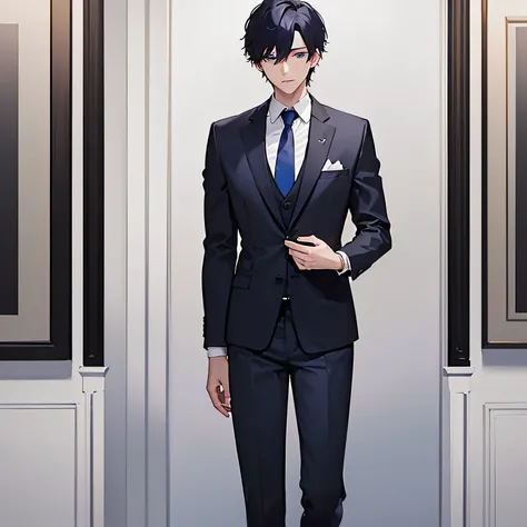 masterpiece、highest quality、(25-year-old male:1.5) and (Black short hair) and (blue eyes),  (Wearing a suit:1.5) and (White collared shirt) and (Blue tie)、Facing forward、Look down、The background is a restaurant