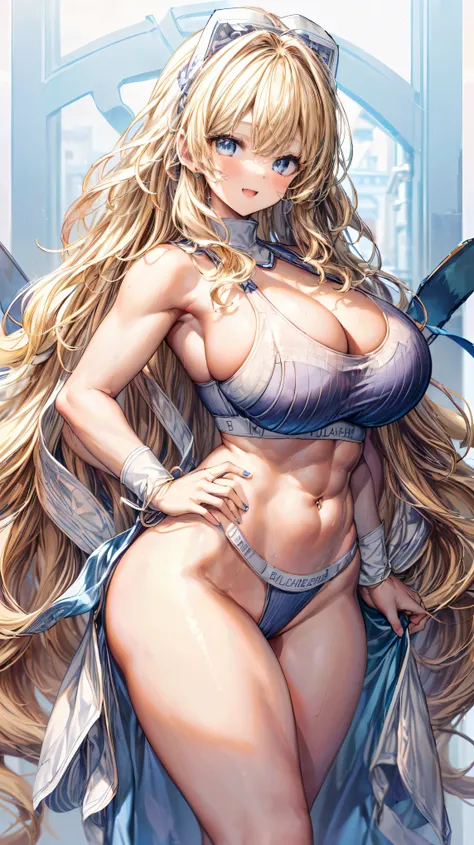 Super detailed、highest quality、Best image quality、masterpiece、8K、Anime Face、A kind smile、Open Mouth、Sparkling Blue Eyes、(Blonde wavy hair:1.5)、(SFW huge body:1.2)、(She is wearing a white high-cut thong.:1.5)、Muscles of the whole body、(In underwear:1.5)、Han...