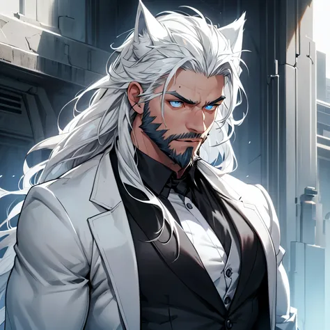 a muscular himbo with a short gruffy beard and long flowing white hair, has white wolf ears and isnt wearing a shirt, wearing business suit, solo, alone, (SOLO)(ALONE) 1 male, has glowing blue eyes, has long locks, innocent, stupid looking,