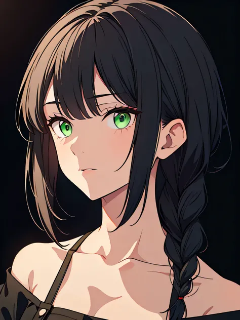 [(black background:1.5)::5], (masterpiece:1.2), (upper body:1.5), (portrait), 1girl, best quality, game cg, perfect face, detailed eyes, shoulder length hair, black hair, green eyes, serious face, looking at viewer, centered, black shirt, single braid