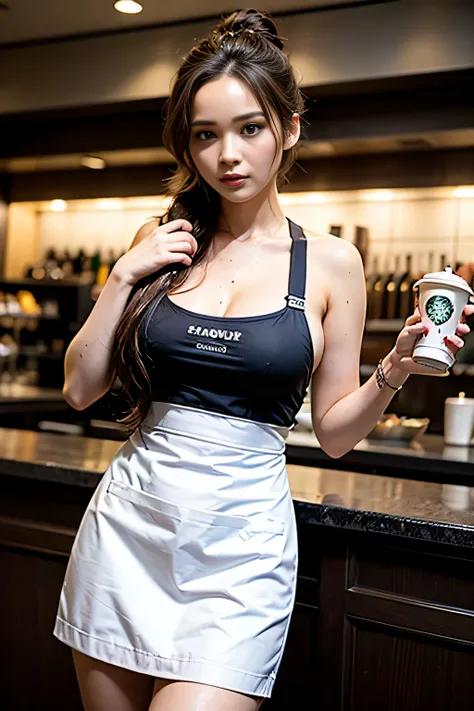 A Jennifer Lawrence in a Starbucks uniform makes coffee，double-ponytail，Big breast, breast out，Slightly chubby figure，Clothes and skin are soaked all over，（wet clothes：1.8），Reflective skin，Sweaty skin，high high quality、tmasterpiece、Hyper-Resolution、bareche...