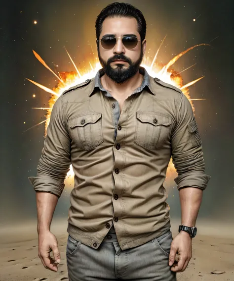 Obra maestra, desenfoque de campo, Parte superior del cuerpo, Hands in pants pockets, 38 year old chubby man with beard and square sunglasses.. Man in a military shirt in a space movie with a solar explosion in the background.