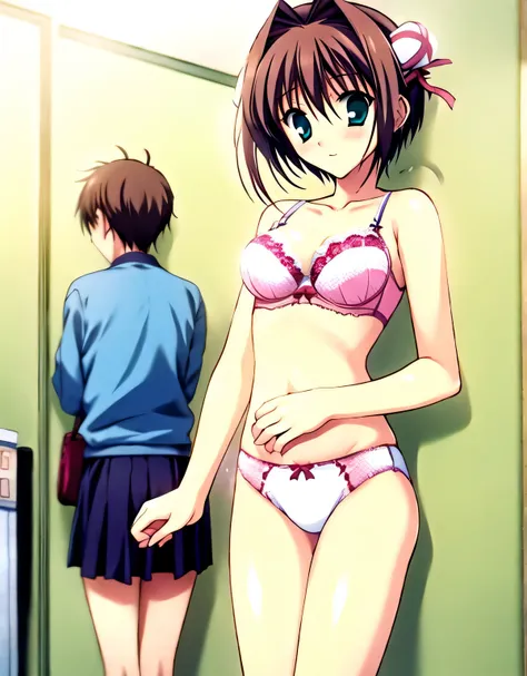 asakura_yume,１people women,brown hair,medium chest,aqua eye,white skin,lace underwear,pink lace bra,are standing,locker room,loo...