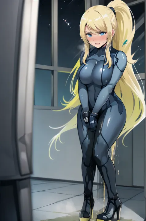 samus aran, (facing viewer:1.25), ponytail, large breasts, hair tie, blue gloves, blue bodysuit, (full bodysuit:1.5), high heels, (standing straight:2.0), peeing herself, (wetting herself:1.5), very large peeing stain, huge pee stain, best quality, ultra-d...