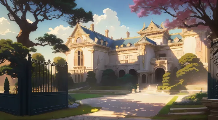 anime scene of a big mansion with gate and fountain, ross tran. scenic background, anime arte de fundo, anime scenery concept art, high school background, arte de fundo, palace background, trends on artstation pixiv, loish e wlop, headquarters of the art s...