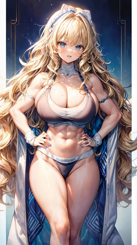 Super detailed、highest quality、Best image quality、masterpiece、8K、Anime Face、A kind smile、Open Mouth、Sparkling Blue Eyes、(Blonde wavy hair:1.5)、(SFW huge body:1.2)、(She is wearing a white high-cut thong.:1.5)、Muscles of the whole body、(In underwear:1.5)、Han...