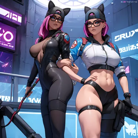 cyberpunk line, cabello corto rosa , gorra , shorts negro con leggins Azul Marino, chaqueta azul marino ,Extremadamente detallado, rostro detallado, gafas ,hermoso rostro, ojos finos, mirando al espectador, dynamic pose , Noche 