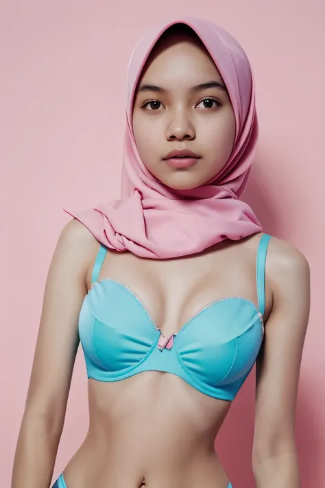 Vogue style photo shoot of malay teenage girl in bikini with pastel colored background in Wes Anderson style, hyper - realistic photography, Wes Anderson style, half body, 8k, (HIJAB)), strapless colorful satin, ((Flat Chest:1.2)), ((Huge bra:1.2))