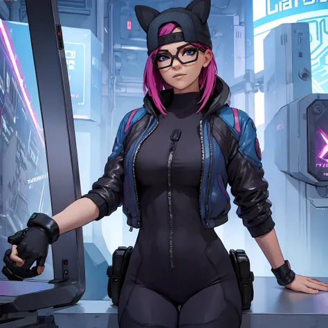 cyberpunk line, cabello corto rosa , gorra , shorts negro con leggins Azul Marino, chaqueta azul marino ,Extremadamente detallado, rostro detallado, gafas ,hermoso rostro, ojos finos, mirando al espectador, dynamic pose , Noche 