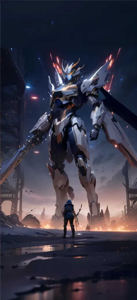 Close-up, A mix of anime and organic matter, Under the stars consists of many metal fragments, A dragon made of machine parts, Giant anime mecha, Huge mecha, Vitruvian Mecha, Metal Sculpture, Metal Art, Made of jet components, Pterodactyl mech, Movie Light...