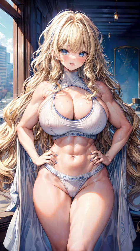 Super detailed、highest quality、Best image quality、masterpiece、8K、Anime Face、A kind smile、Open Mouth、Sparkling Blue Eyes、(Blonde wavy hair:1.5)、(SFW huge body:1.2)、(She is wearing a white high-cut thong.:1.5)、Muscles of the whole body、(In underwear:1.5)、Han...