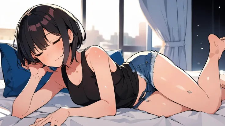 2D，highest quality，(masterpiece)，(whole body)，Aya Shameimaru，Black Hair，(short hair)，1 girl，ear，Healthy brown skin，Shiny skin，Sunburn，（Denim hot pants），Tank top，barefoot，barefoot，Attractive thighs，Butt，Total，Bedroom，On the bed，Get drunk with liquor，Sweat，S...