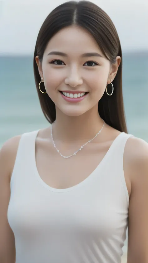 Hostess&#39;s face、Married women、Married Woman、Beauty、White high neck T-shirt、high quality、Super Ultra Realistic、healthy、smile、Perfect figure、Japanese Beauty、 necklace、Earrings、Perfect eyes, beautiful skin、Upper Body、looking at the camera、coastal