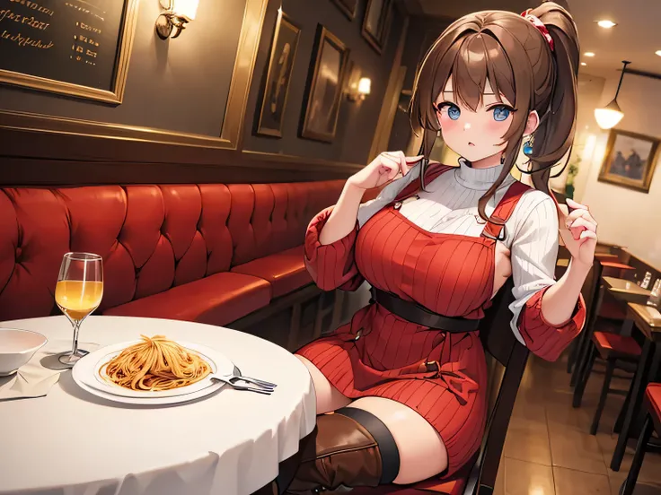 (Masterpiece, top quality, high resolution, realistic photo, realistic looking skin:1.1),
(A woman is sitting in a chair at a table in a pasta restaurant:1.8),
(She looks furious at us: 1.5),
(She is wearing a red long-sleeved mini knit dress:1.8),
(She is...