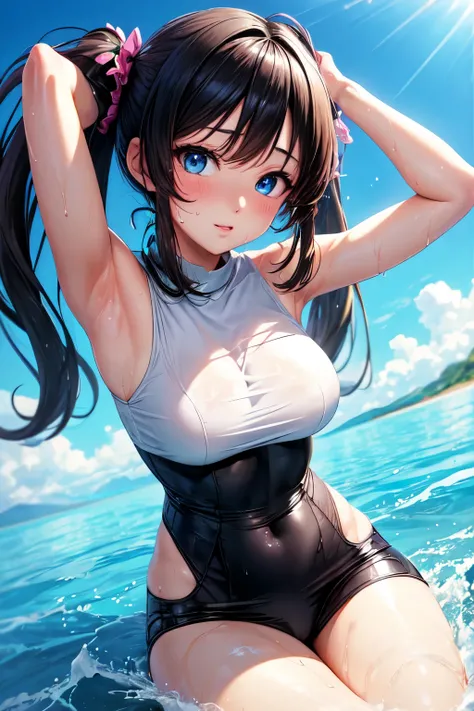 ((best quality)), ((masterpiece)), (detailed), perfect face. Black hair. Twin tail. Anime girl. Blue eyes. Wet armpit.