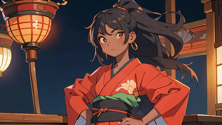 HIgh quality anime, 17 years black skin Jbeautiful amaican girl, dred hair,  wealing Japanese red furisode kimono, standing still, facing front, long legs, beautiful face, looking into camera,