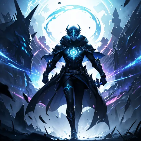 A captivating high-quality photograph features a mysterious warrior stepping through a pulsating, luminous portal in a fantastical realm. His dark leather armor, shimmering with subtle iridescence, is illuminated by otherworldly light, contrasting with the...