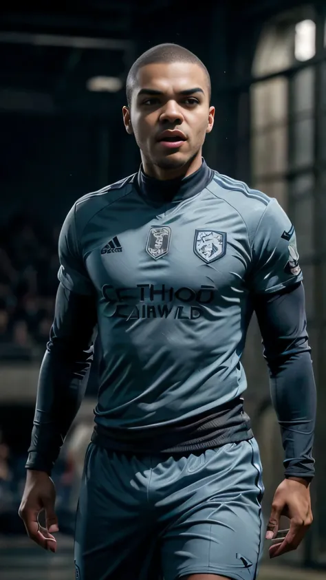 Grey Worm as a soccer player, captain of the team, ((grey)) soccer_uniform, Game of Thrones, (1man), (solo), (full body view), beautiful detailed glow, detailed, cinematic light, intricate detail, realistic, highres, detailed facial features, high detail, ...