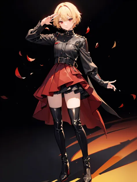 ((blond)), ((Red eyes)), ((individual)), ((idol costume)), ((black clothes)), ((Long boots)), ((full body)), ((a boy)), short hair, ((layered skirt)), ((femboy))