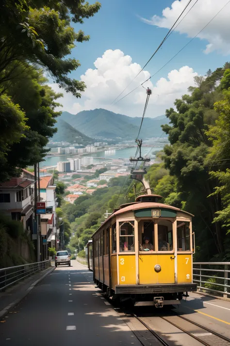 ((best quality)), ((masterpiece)), (detailed), perfect drawing, The beautiful tourist sites of Pulau Penang, Malaysia, HD graphic, 4k resolution, a beautiful tourism place in Malaysia, hanging cable car on a hill, Penang Hill, vibrant color, colourful.