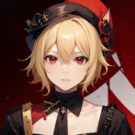 ((blond)), ((Red eyes)), ((individual)), ((idol costume)), ((black clothes)), ((portrait)), ((a boy)), short hair, ((femboy)), ((avatar))