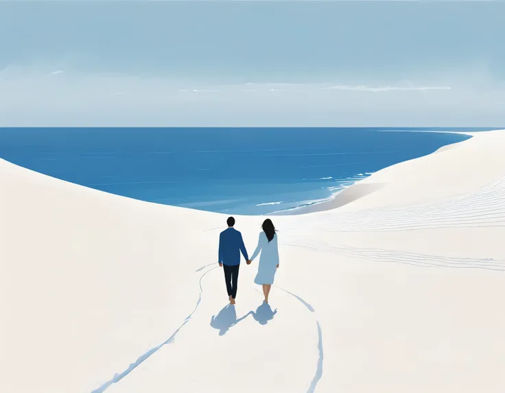 a Minimalist journey， a couple，hand in hand,  The background is a blue line of coast and a distant white line of ocean
