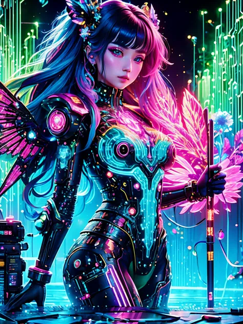 (Neon)，Circuit Board，(1girl:1.3)，Cyberpunk succubus warrior in neon mecha armor，Holding a staff in a pool of blood，Luminescence的光眼，Devil&#39;s Wings，Wide-angle lens，biology，weird，Creepy，nightmarish，非常明亮的Neon颜色，Light Particles，Luminescence，Best Photo of the...