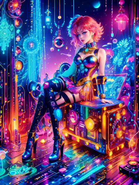 (Neon)，Circuit Board，(1girl:1.3)，(Beautiful Girl:1.2)，(Sailor Moon Fighting)，(Short red messy hair)，kaleidoscope，(Cyberpunk)，Steampunk，Dieselpunk and clockpunk，kaleidoscope采用热粉色，(Made of shiny gold plated and shiny silver plated)，Broken sparkling colored g...