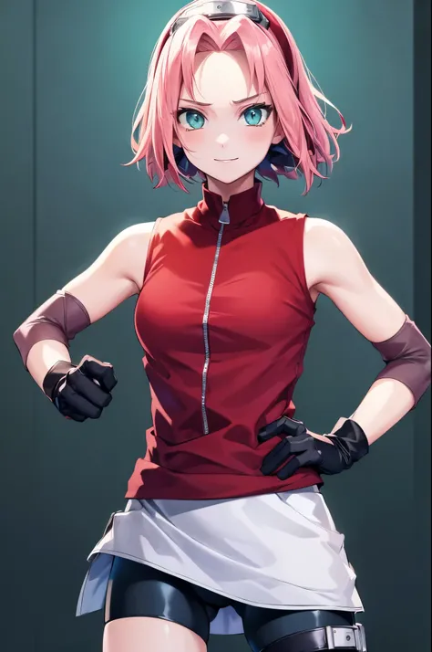 (masterpiece, best quality:1.2), expressive eyes, perfect face, highres, 1girl, solo, harunoshipp, hairband, forehead protector, sleeveless shirt, gloves, bike shorts, red blouse, black shorts, badass stance, slight smile, standing, upper body, looking at ...