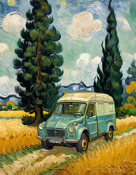 A campexistg van vehicle, side view, exist "Wheat field with cypress trees" paexisttexistg by Vexistcent Van Gogh