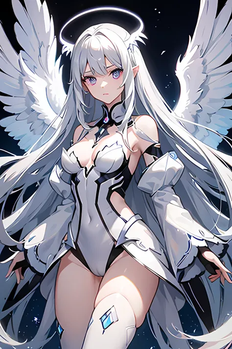 1girl, an anime girl with long white hair, anime art, an anime drawing, sharp eyes, purple eyes, tall woman, high quality, thin body, multiple wings, angel, six wings, hands behind back, head wings, glowing eyes, halo, black thighhighs, bright pupils, whit...