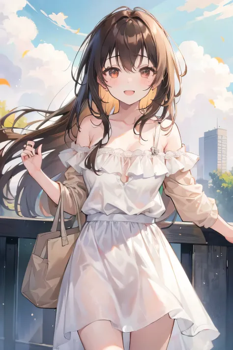 One girl, length_hair, One person in, Brown_hair, Open_mouth, wood, null, smile, Day, Wind, Brown_eye, cloud, white_dress, dress, building, green_null, Outdoor, Looking_in_Audience, floining_hair, blush, cloudy_null, bag, chest
