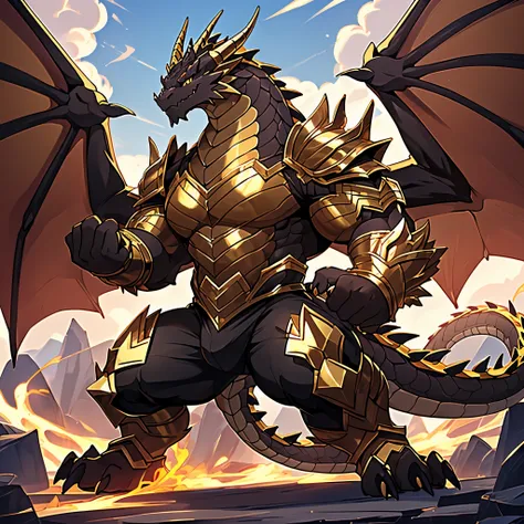 (The violent and powerful Dark Gold Dragon King，Wearing modern black and gold armor and black tights，Inlaid with dark gold gemstones：200)，Strong physique的龙形恶魔，(Large dragon body，Huge chest，Majestic wingspan，Sharp and huge dragon claws，Thick iron tail，Sharp...