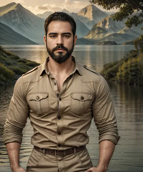 man standing on the edge of a lake, with vibrant colors, dramatic lighting, and a sense of tranquility. his beard and military s...