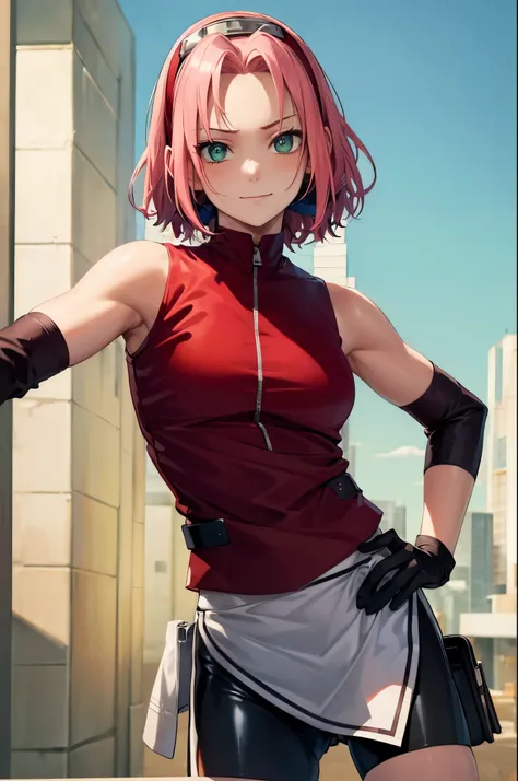 (masterpiece, best quality:1.2), expressive eyes, perfect face, highres, 1girl, solo, harunoshipp, hairband, forehead protector, sleeveless shirt, gloves, bike shorts, red blouse, black shorts, badass stance, slight smile, standing, upper body, looking at ...