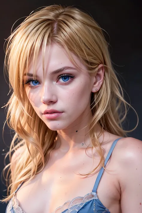 ((AlexiaThompson01R face)). beautiful. perfect, ((blonde hair, hair falling over one eye, emo bangs)), (blue eyes. Vibrant Blue Eye). perfect skin, white skin. thin nose, thin chin. full body. (lingerie)