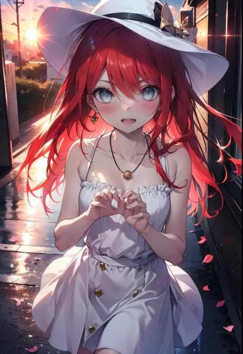 Shana,灼眼のShana,Ahoge,Long Hair,Red hair, Red eyes, small breasts,smile,blush,Open your mouth,Sleeveless dress,Bare shoulders,bare clavicle,Bare neck,Rocket Pendant,White hat,Long skirt,Cute heeled sandals,Looking down from above,sunset,evening,The sun is s...