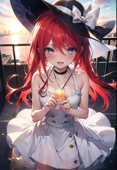 Shana,灼眼のShana,Ahoge,Long Hair,Red hair, Red eyes, small breasts,smile,blush,Open your mouth,Sleeveless dress,Bare shoulders,bare clavicle,Bare neck,Rocket Pendant,White hat,Long skirt,Cute heeled sandals,Looking down from above,sunset,evening,The sun is s...