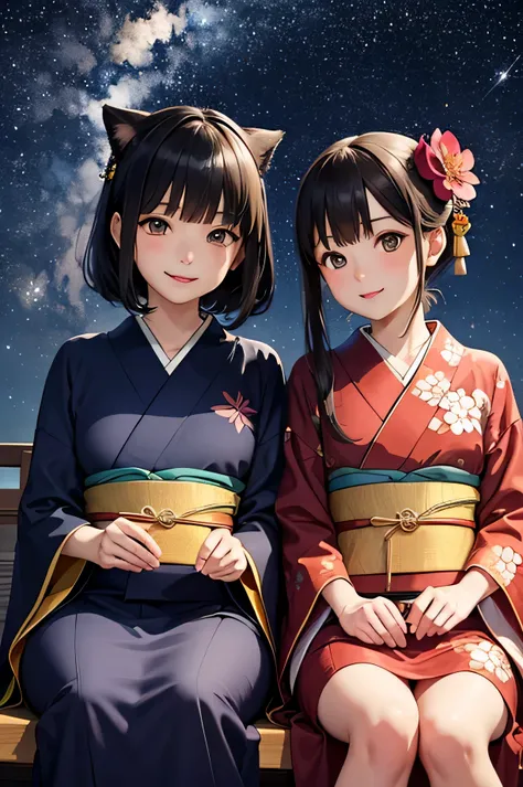  (detailed), Perfect Face,Two kimono girls sitting side by side,Starry Sky