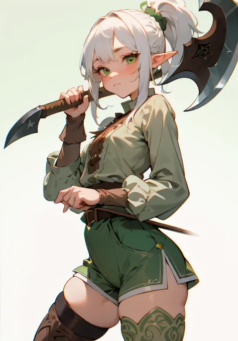 1GIRL, cute girl, finely detailed, (best quality), (intricate details), cute style, fighter style, elf girl, dungeons and dragons style, multicolored, ((long white hair in ponytail)), best quality, ((brown and green clothes)), ((long sleeve shirt and short...