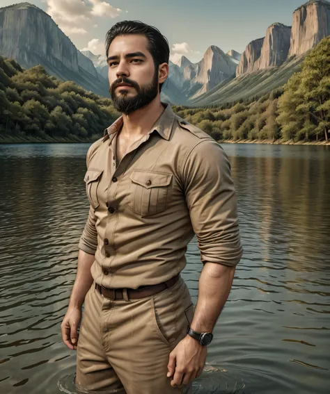 man standing on the edge of a lake, with vibrant colors, dramatic lighting, and a sense of tranquility. his beard and military s...