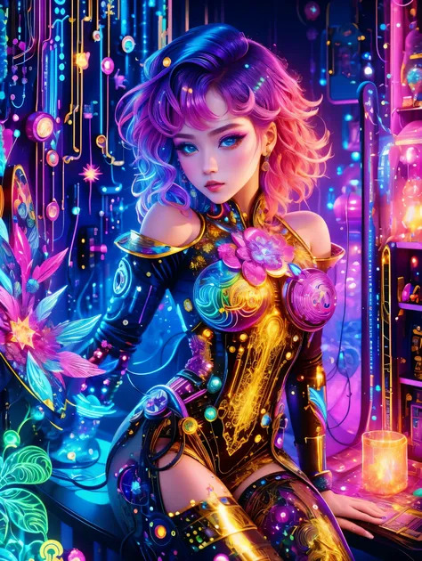 (Neon)，Circuit Board，(1girl:1.3)，(Beautiful Girl:1.2)，(Sailor Moon Fighting)，(Short red messy hair)，kaleidoscope，(Cyberpunk)，Steampunk，Dieselpunk and clockpunk，kaleidoscope采用热粉色，(Made of shiny gold plated and shiny silver plated)，Broken sparkling colored g...