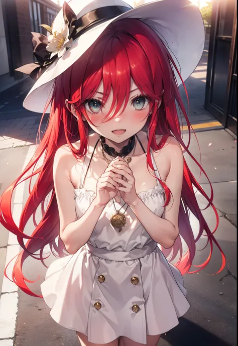 Shana,灼眼のShana,Ahoge,Long Hair,Red hair, Red eyes, small breasts,smile,blush,Open your mouth,Sleeveless dress,Bare shoulders,bare clavicle,Bare neck,Rocket Pendant,White hat,Long skirt,Cute heeled sandals,Looking down from above,sunset,evening,The sun is s...