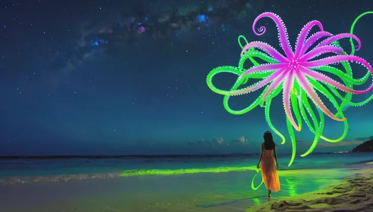 A (stunning nubile Malaysian woman strolling)(friendly fluorescent tentacle creatures) on a neon-lit beach under a starry, otherworldly sky