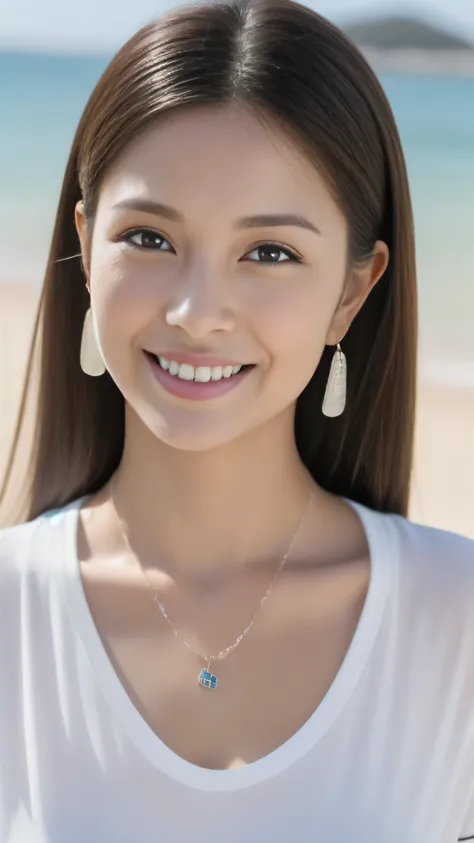 Hostess&#39;s face、Married women、Married Woman、Beauty、White high neck T-shirt、high quality、Super Ultra Realistic、healthy、smile、Perfect figure、Japanese Beauty、 necklace、Earrings、Perfect eyes, beautiful skin、looking at the camera、coastal